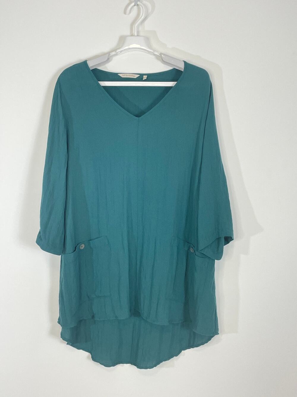 Soft Surroundings Green V neck Hi Low Tunic 2 pockets Size XL